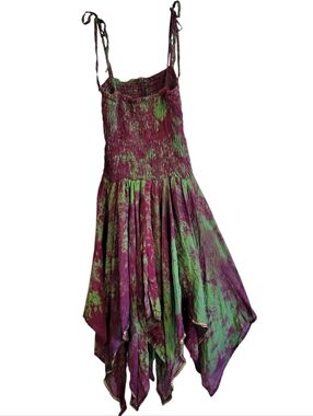 100% Silk Purple Green Smocked Handkerchief Fairy Forest Ethereal Wmn Dress S/M